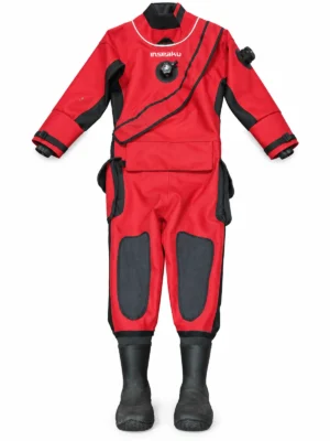 red and black valve drysuit, front view of the INSEAKU custom design