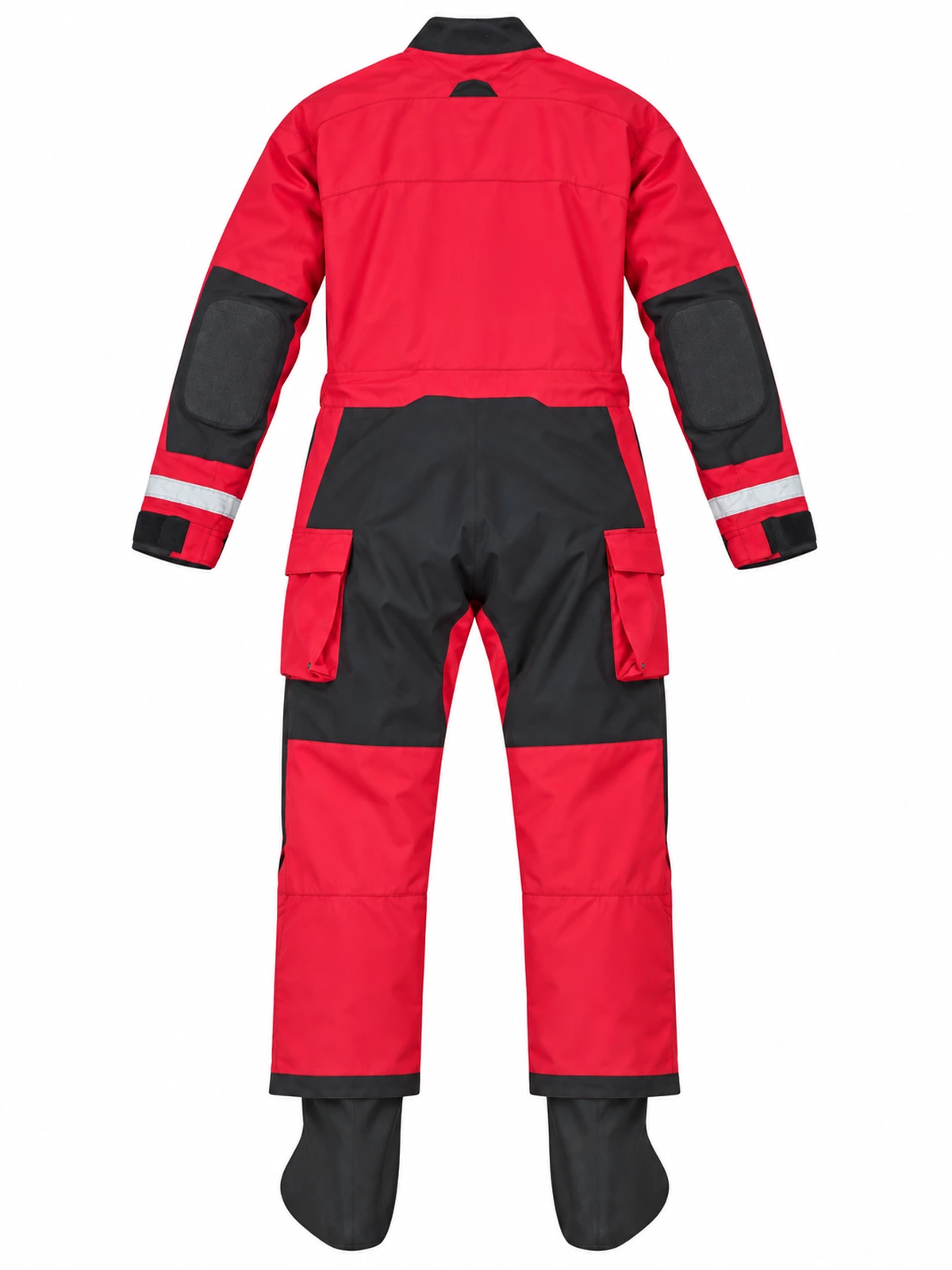 Red Diagonal Zip Suit with Waist Buckle, back.