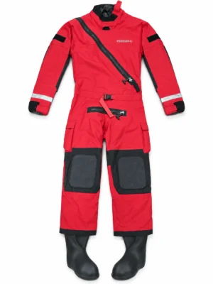 red diagonal zip drysuit, front view of the INSEAKU custom design