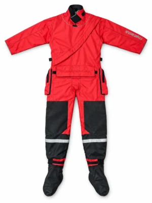 red pocket drysuit, front view of the INSEAKU custom design