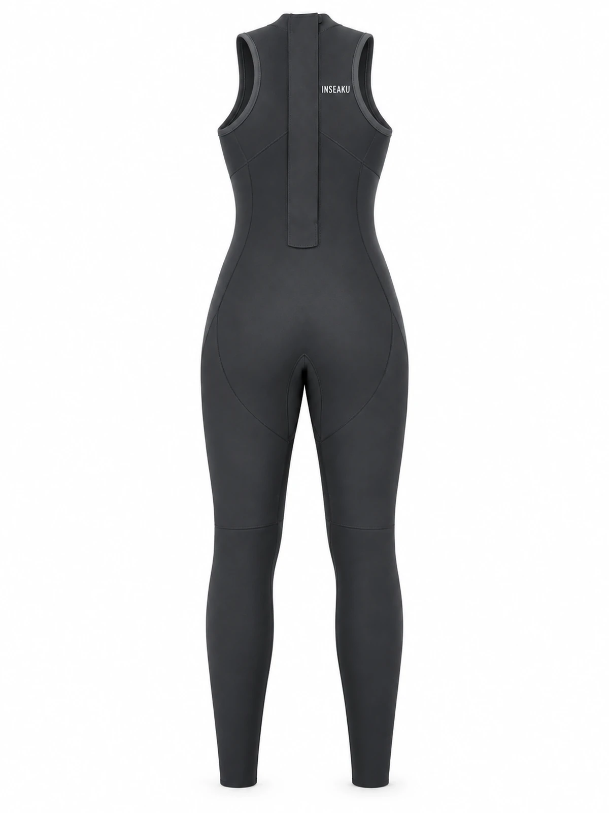 INSEAKU black sleeveless full-length triathlon wetsuit, back view, minimal white branding.