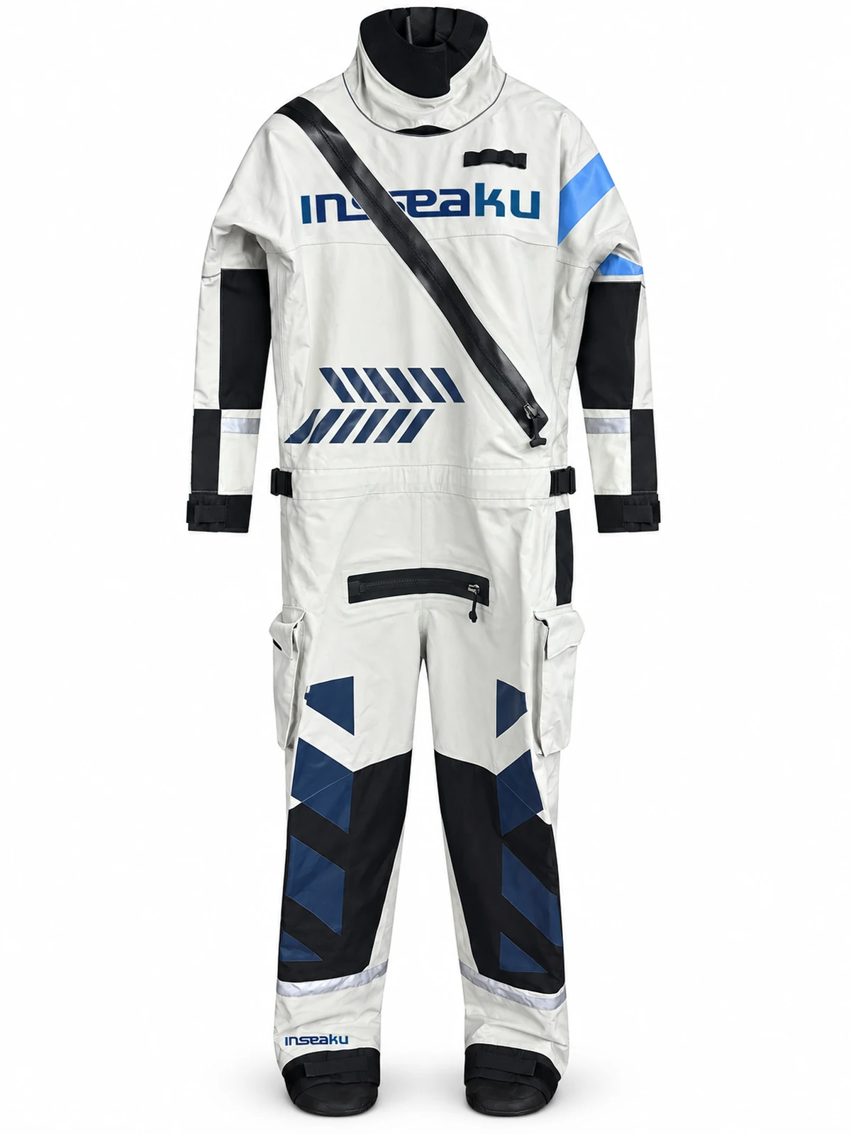 white black and blue hooded drysuit, front view of the INSEAKU custom design