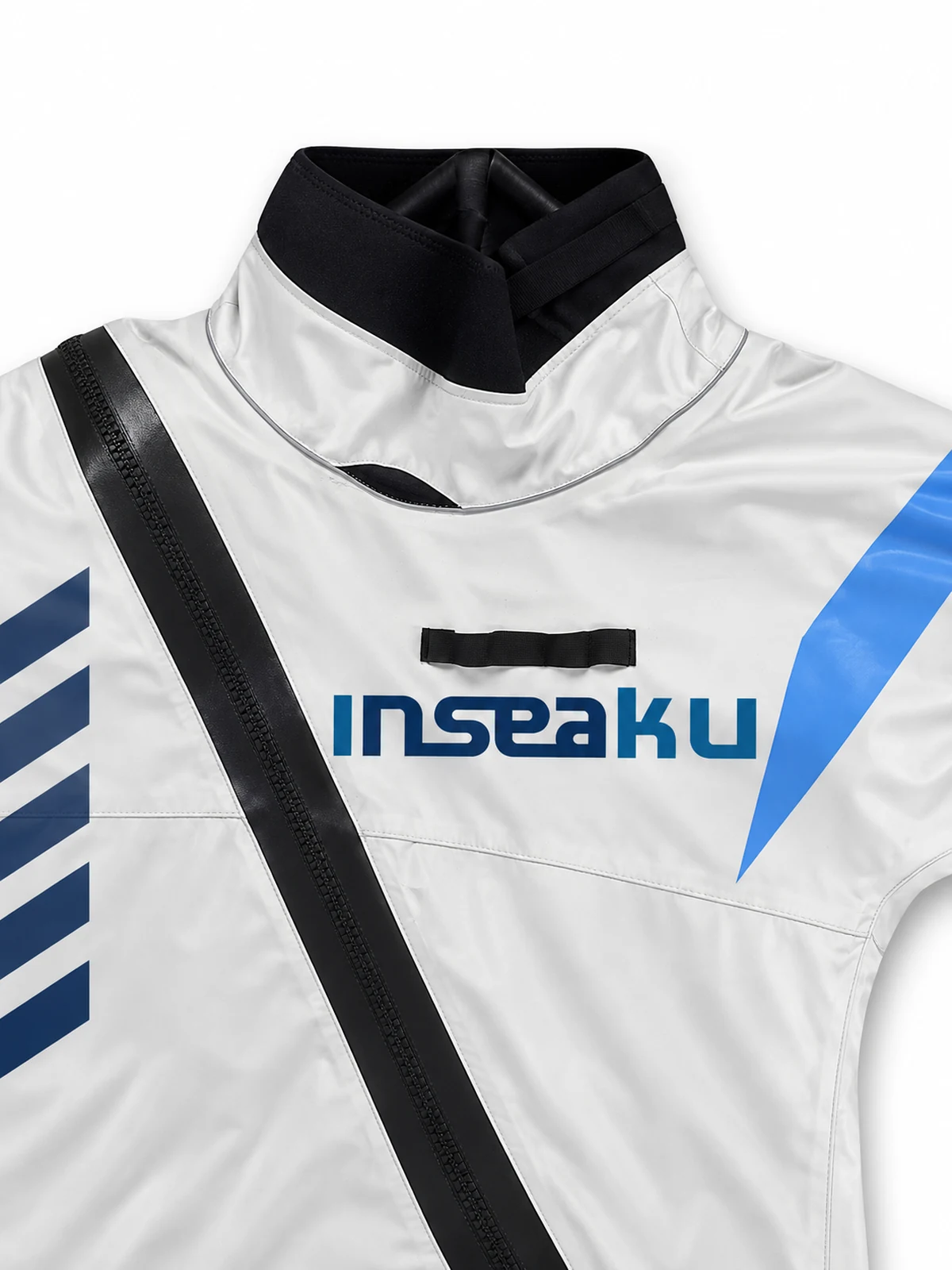 White Black and Blue Hooded Full Suit, neck detail.
