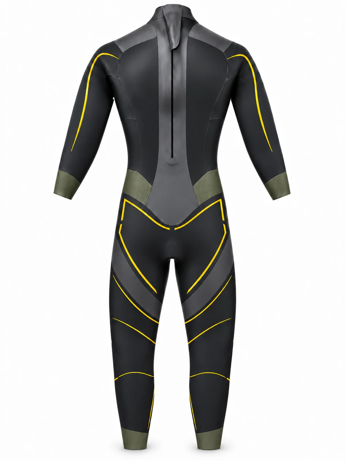 INSEAKU yellow outline full sleeve triathlon wetsuit, back view.