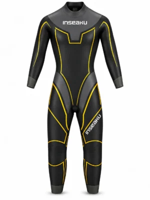 yellow outline triathlon wetsuit, front view of the INSEAKU custom design