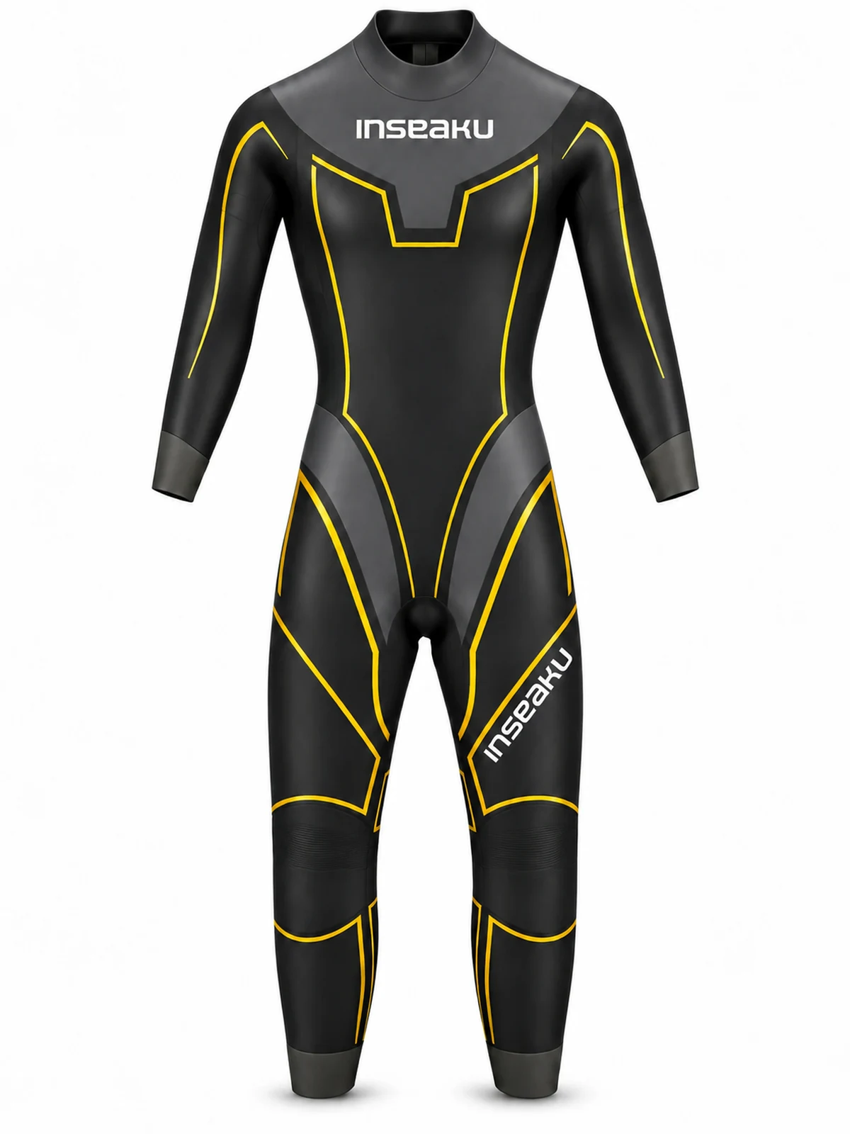 yellow outline triathlon wetsuit, front view of the INSEAKU custom design