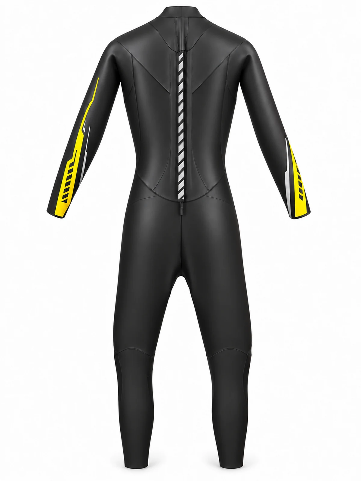 INSEAKU yellow stripe full sleeve triathlon wetsuit, back view.