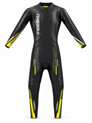 yellow stripe triathlon wetsuit, front view of the INSEAKU custom design